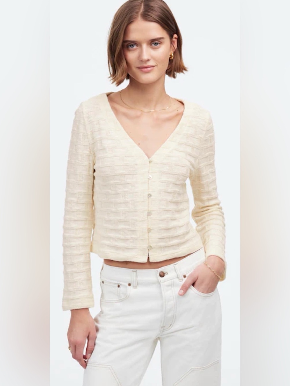 Madewell Basket-Weave Stitch Long-Sleeve Sweater Tee Cream XL